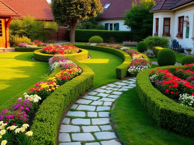 Ogród przydomowy z kolorowymi rabatami